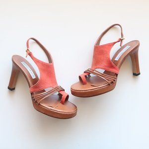 Johnny Montini Peach & Brown Italian Suede & Leather Toe Ring Heels / Sandals 6